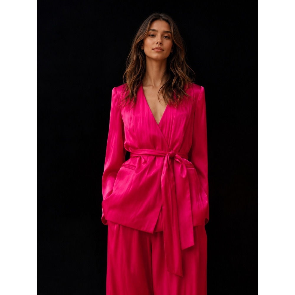 ZARA Womens New Jacket XL Wrap Belted Blazer Pink Fuchsia Metallic 8784/509/630